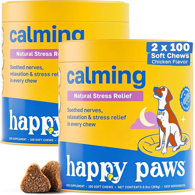 Happy Paws Calming Chews for Dogs, Soft Chews with Chamomile, Passion Flower, Valerian Root, Tryptophan & Theanine, Supports Relaxation, Balanced Behavior & Sleep, Vegan Peanut Butter Flavor 200 Count