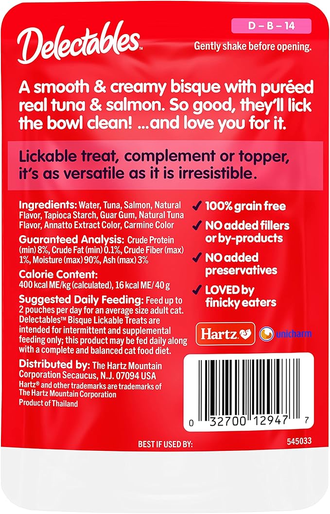 Hartz Delectables Lickable Treat Bisque Wet Cat Treat with Real Tuna & Salmon, Food Topper, Hydrating, Grain-Free, No Fillers, No by-Products, No Added Preservatives, 1.4oz Pouch, 12ct