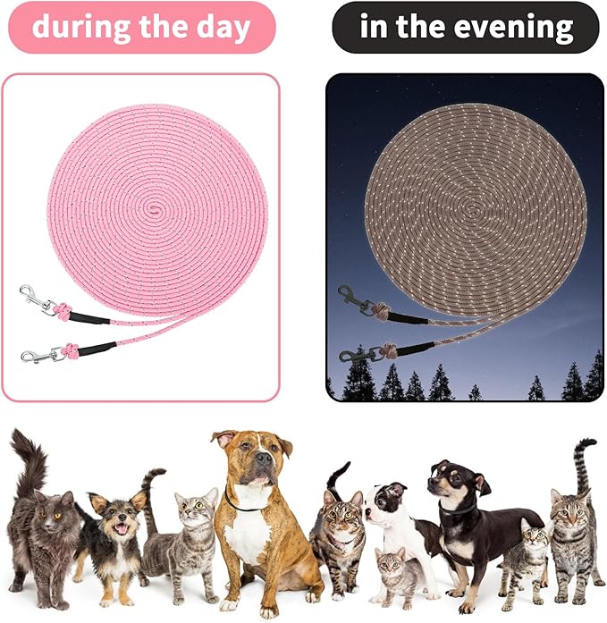 Rypet Reflective Cat Long Leash - 50 FT Escape Proof Walking Leads Yard Long Lead Durable Safe Personalized Extender Leash Traning Play Outdoor for Kitten, Puppy, Rabbit and Small Animals(Pink-L)