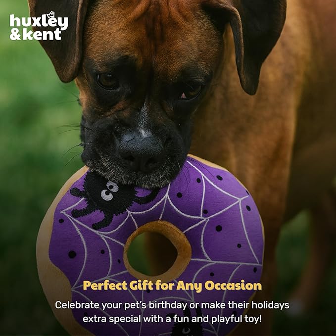 Huxley & Kent Halloween Funny Dog Toy w/Squeaker – Power Plush Squeaky Dog Toys for Small, Medium & Large Dogs – Soft Stuffed Animal for Indoor Play & Fetch - Spiderweb Donut, One Size