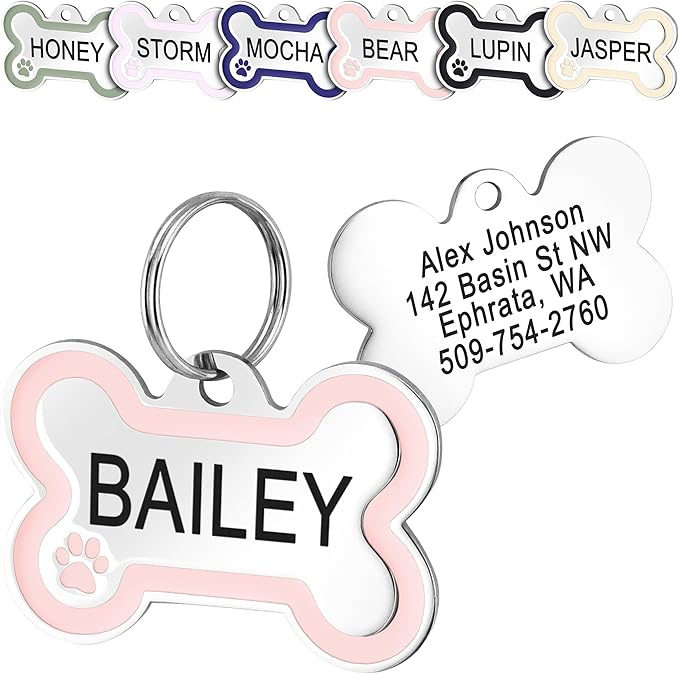 GoTags Stainless Steel Bone Dog Tag with Color Outline and Paw Print, Personalized Pet ID Tag for Dogs and Cats, Custom Engraving with up to 5 Lines of Text on Both Sides (Pink, Small)