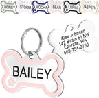GoTags Stainless Steel Bone Dog Tag with Color Outline and Paw Print, Personalized Pet ID Tag for Dogs and Cats, Custom Engraving with up to 5 Lines of Text on Both Sides (Pink, Small)