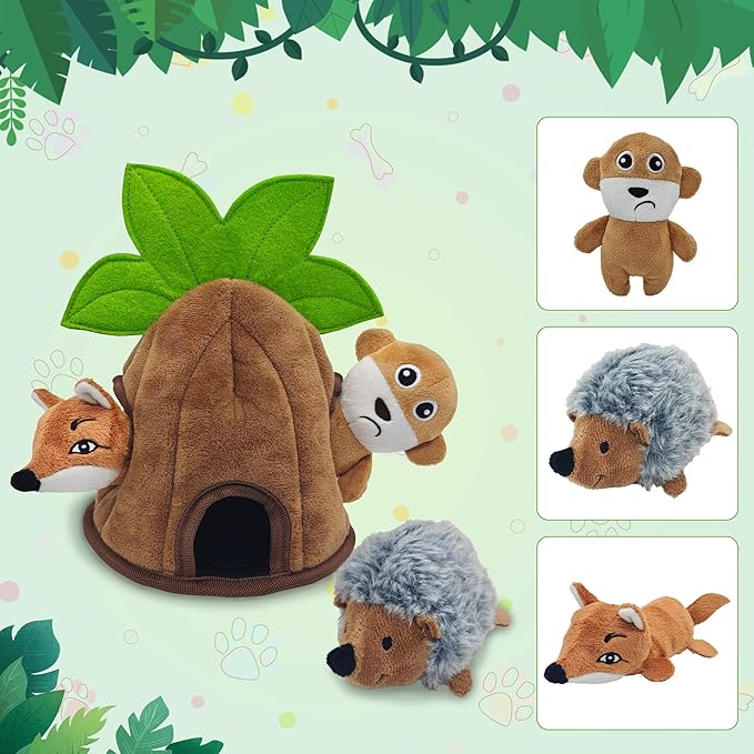 4 Packs Crinkle Squeaky Hide and Seek Puppy Toys to Keep Them Busy, Durable Cute Pet Toys for Small Medium Dogs, Interactive Plush Stuffed Chew Toy, Not for Aggressive Chewers - Coconut Tree