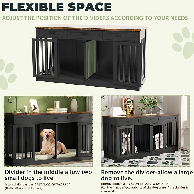 Dog Crate Furniture, 63 Inch Kennel Cage Furniture Large Breed with 3 Drawers, Wooden Double Dog Crate Furniture Table for 2 Dogs, Crates for Large Dogs Furniture - Black