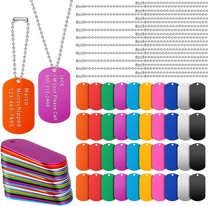 Yinkin 200 Pcs Personalized Military Dog Tags Set Including 100 Pcs Aluminum Blank Dog Tags for Engraving 100 Ball Steel Chain Rectangle Metal Blank Stamping Label for DIY Craft(Multicolor)