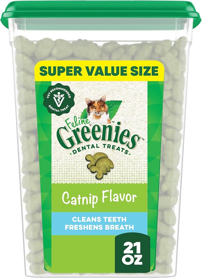 Greenies Feline Veterinarian-Recommended Adult Natural Dental Cat Treats, Catnip Flavor, 21 oz. Tub