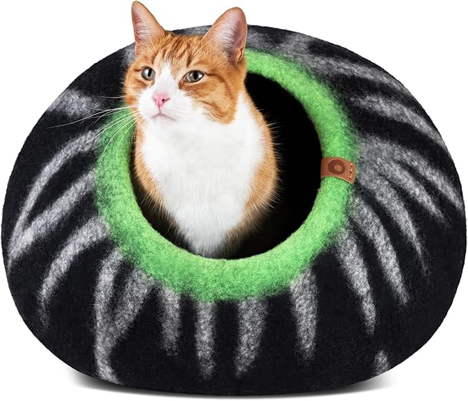 MEOWFIA Cat Cave – Premium Felt Cat Bed for Indoor Cats, Handmade 100% Merino Wool (Vivid Shades) (Medium, Shining Tiger)