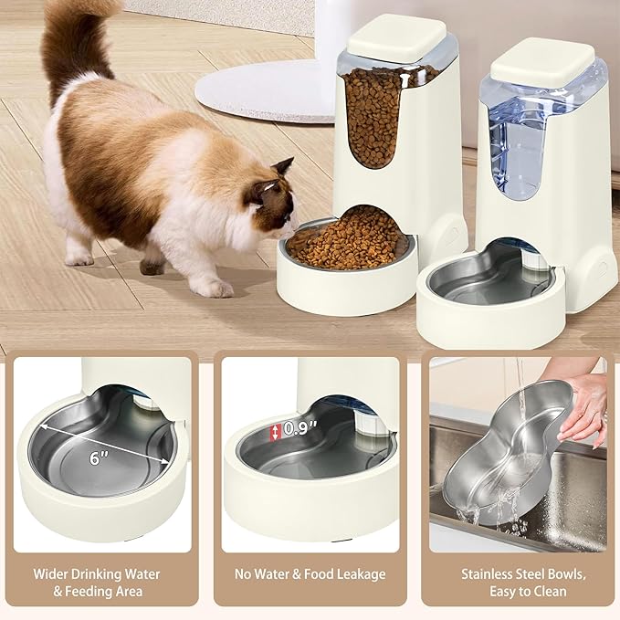2 Pack Automatic Cat Feeder and Stainless Steel Water Dispenser, Gravity Dog Waterer Set Food Feeder and Waterer Set for Small Medium Kitten Puppy Pets (1 Gallon x 2, Ivory White)