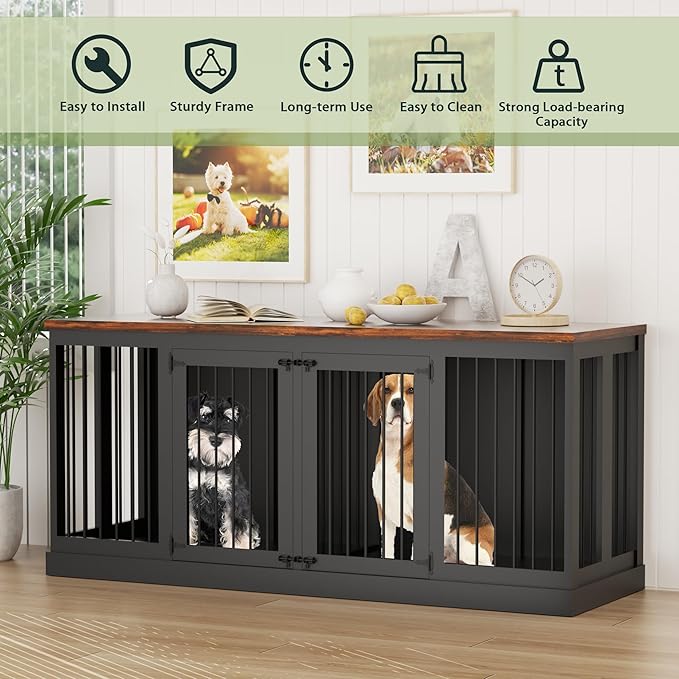 71" Dog Crate Furniture, Large Dog Kennel Furniture, Wood Double Dogs Crate Furniture Large Breed, Dog Crates for 2 Dogs Furniture, Black