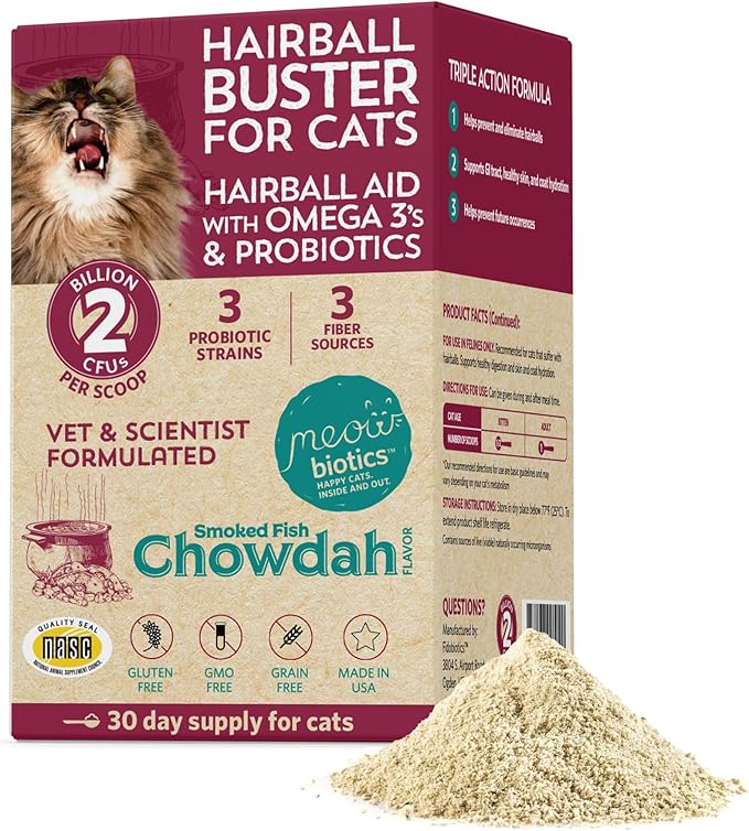 Fidobiotics - Meowbiotics Hairball Buster Powder for Cats with Probiotics 2 Billion CFU Smoked Fish Chowdah Flavor - 30 Serving(s)