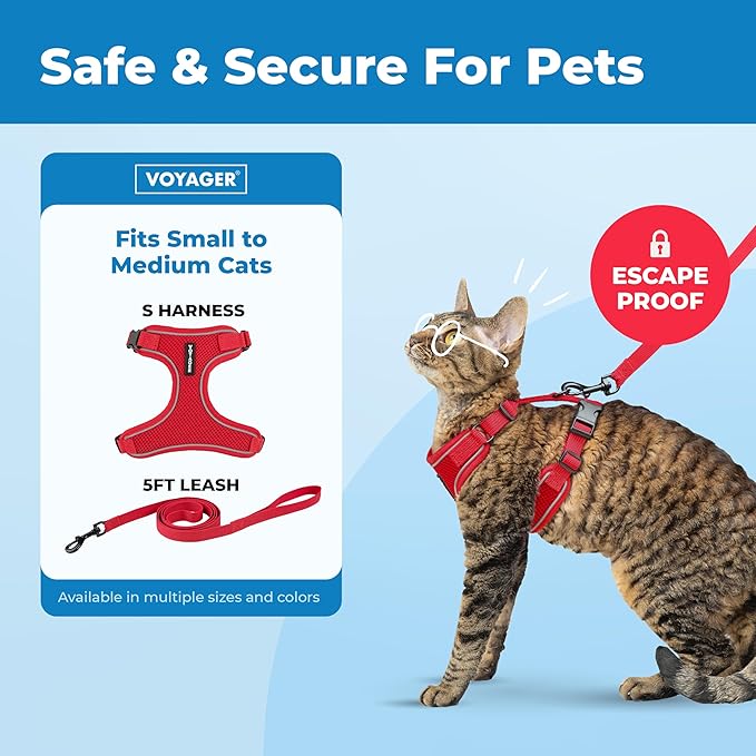Voyager Escape-Proof Step-in Lock Cat Harness & 5ft Neoprene-Handle Leash Set All-Weather Mesh with Reflective Stitching for Small to Large Cats by Best Pet Supplies, Red (327), S