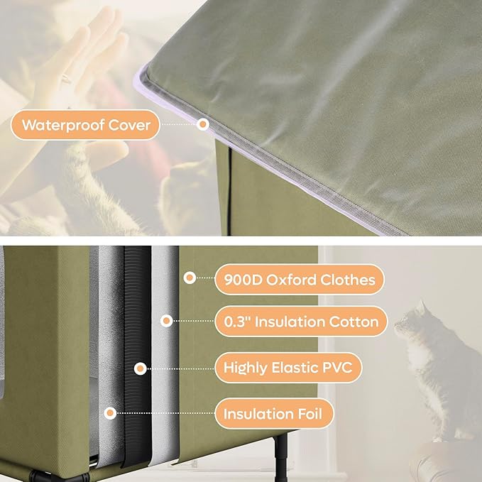 Large Heated Cat House for Outside, Insulated Weatherproof Outdoor Feral Cat House with Timer & Adjustable Temperature Heater Pad, Elevated Pet House with Escape Door for Winter, Barn, Porch