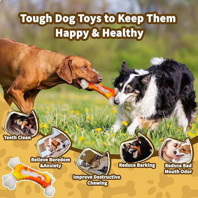 Dog Toys for Aggressive Chewers, Indestructible Dog Chew Toy for Large Dogs, Tough Dog Toys to Keep Them Busy for Small Medium Large Breed, Dog Chew Bone Toy, Bacon Flavor (Orange Bone)