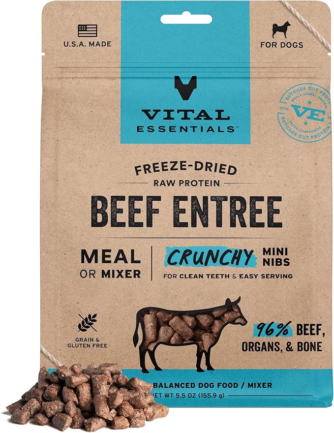 Vital Essentials Freeze-Dried Raw Beef Meal or Mixer Dog Food Crunchy Mini Nibs, 5.5 oz