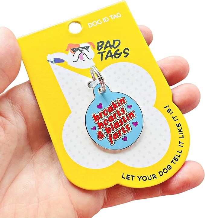 Personalized QR Code Dog Tags - Choose from 25+ Tag Designs - QR Code Links to Your Profile - Unique, Cute, Funny, Sassy Pet ID Tag (Breakin' Hearts & Blastin' Farts, Large (1.25 inch))