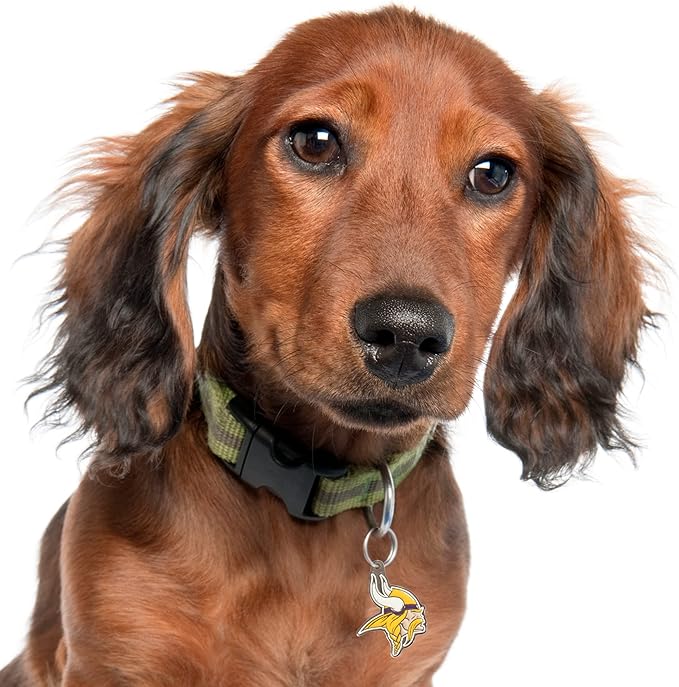 NFL Minnesota Vikings Engraving Pet ID Tags in 32 Team Logo Shapes Personalized Dog Tags and Cat Tags with 3 Lines of Customizable Text for Tracking & Safety. Stainless Steel Pet ID Tracking Tags