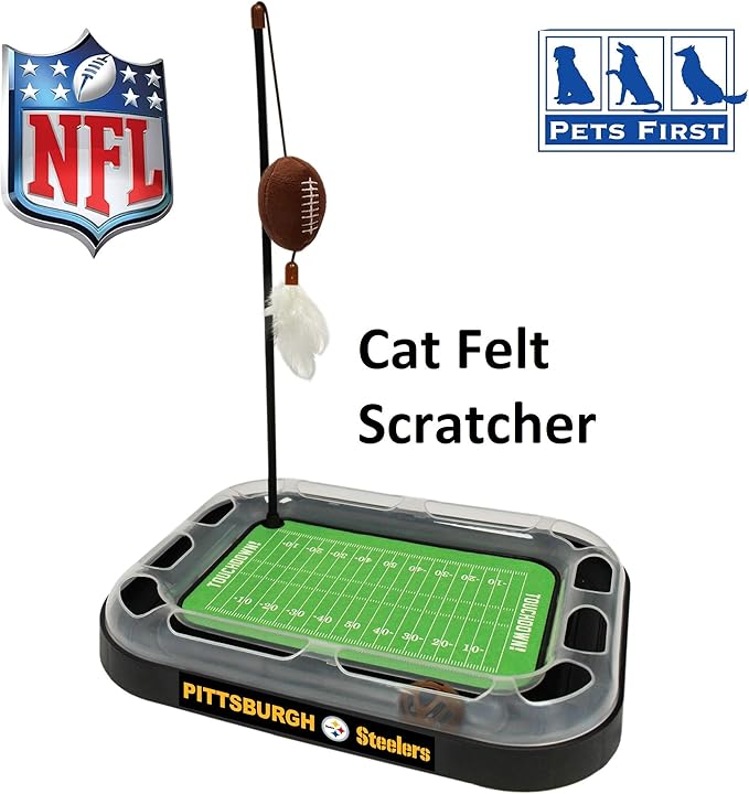 Pets First BEST CAT TOY Pittsburgh Steelers Football Field CAT Scratcher Toy with Catnip Filled Plush Football Toy&Feather Cat Toy Hanging, Jingle Bell Interactive Ball Cat Chasing 5-in-1 Kitty Toy