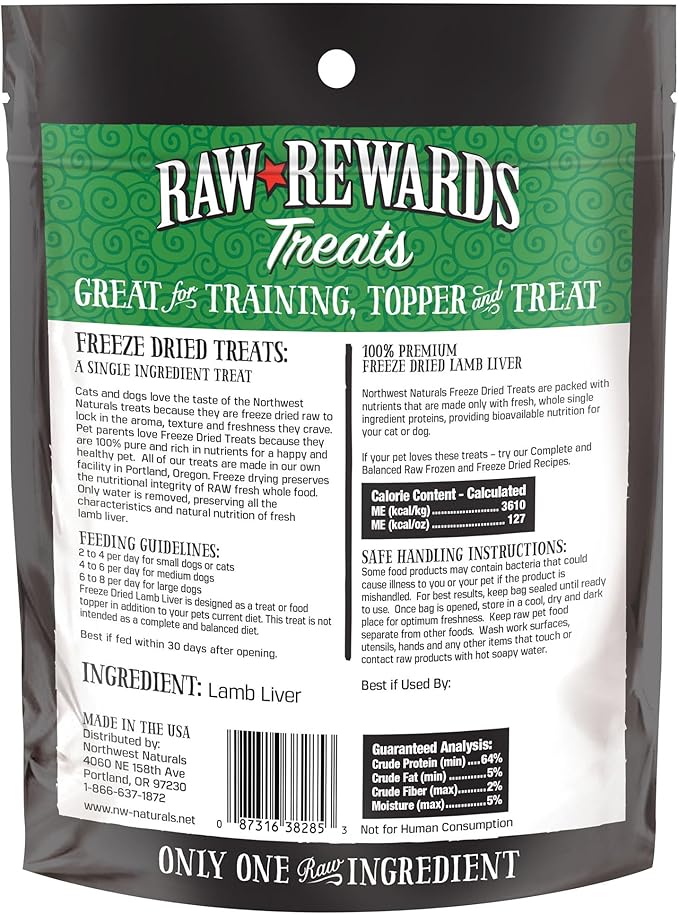 Northwest Naturals Raw Rewards Freeze-Dried Lamb Liver Treats for Dogs and Cats - Bite-Sized Pieces - Healthy, 1 Ingredient, Human Grade Pet Food, All Natural, Proudly Made in USA, 3 Oz (Pack of 3)