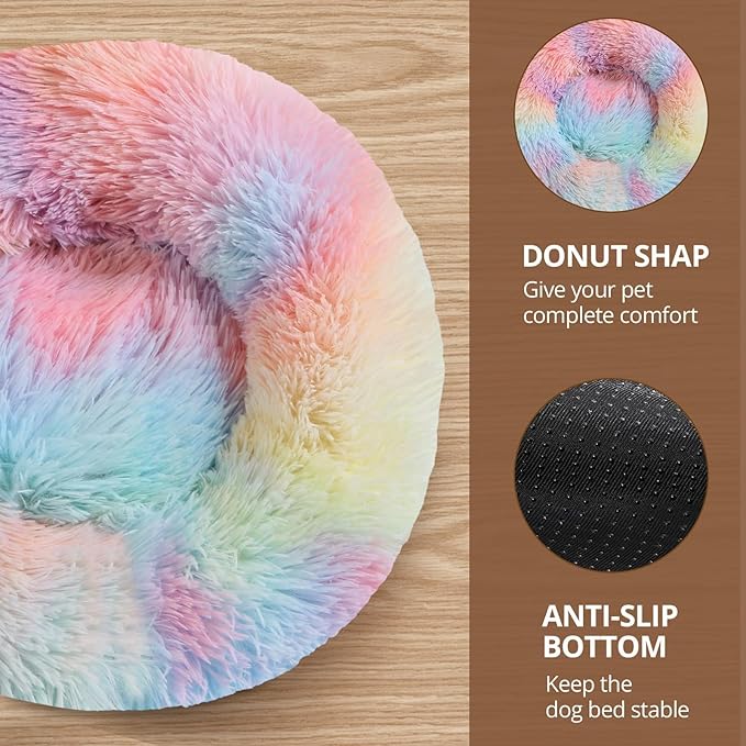 JOLLYVOGUE Large Calming Dog Bed, Anti-Anxiety Donut Cuddler Cat Bed with Anti-Slip Bottom, Fluffy Faux Fur Machine Washable Pet Cushion for Medium Large Dog & Cat, 36"/Rainbow