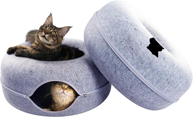 CATTASAURUS Peekaboo Cat Cave for Multiple & Large Cats Up to 30-45 Lbs, Scratch Detachable & Washable Tunnel Bed, Comfy Donut Cat Cave (Ligt Gray + Light Gray, Large (Bundle))