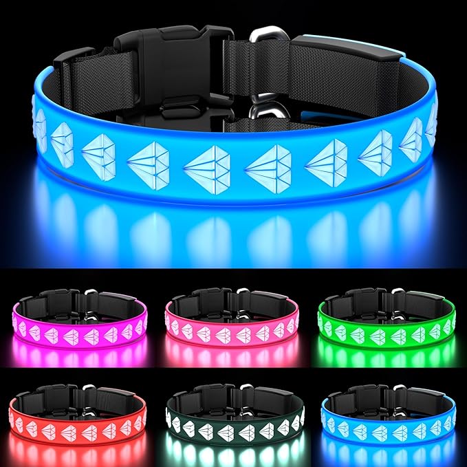 Light Up Dog Collar, 3D Design LED Dog Collars, Adjustable 15 Multi-Colors Dog Collar Light Rechargeable Waterproof Bright Dog Collar for Medium, Large Dogs, Blue