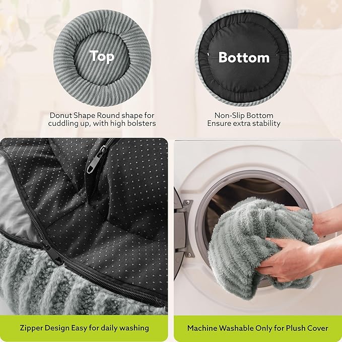 MIXJOY Calming Dog Beds Large Sized Dogs - Washable Donut Large Dog Bed with Removable Zipper Cover, Round Fluffy Plush Faux Fur Pet Bed with Anti-Slip Bottom, 36"x36"x10", Grey
