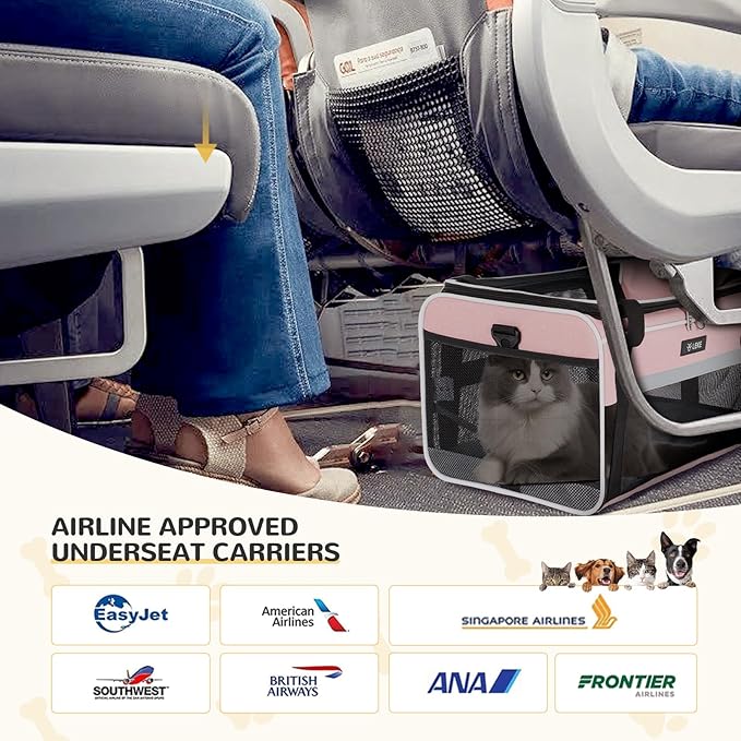 Lekereise Top-Expandable Pet Carrier - TSA Airline Approved Soft Sided Underseat Up to 15lbs Travel Carriers for Small Cats and Dogs with Locking Safety Zippers Anti-Scratch Mesh Pink
