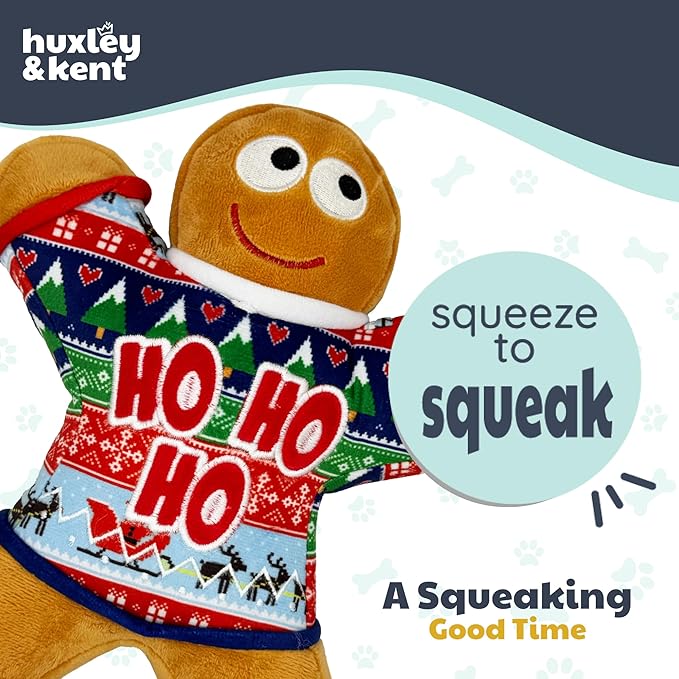 Huxley & Kent Funny Dog Toy w/Squeaker – Holiday Power Plush Squeaky Dog Toys for Small, Medium & Large Dogs – Soft Stuffed Animal for Indoor Play & Fetch - Ugly Sweater G-Man, Small