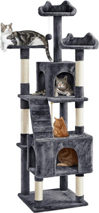 Yaheetech XL Cat Tree, 72in Multi-Level Cat Tower with 2 Cozy Caves, 3 Soft Perches, Scratching Posts, Board, and Dangling Ball, Pet Furniture Play House for Kittens/Cats, Dark Gray