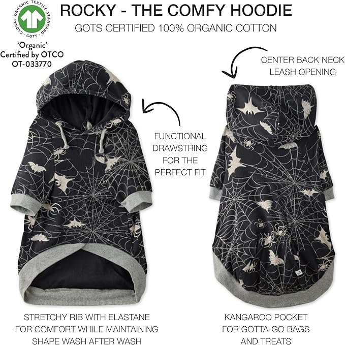 Rocky – The Orginal Lightweight Hooded TEE 100% Organic Cotton Dog Hoodie Pet Coat Sweater for Small, Medium, Large Dogs, Batty Black, Small
