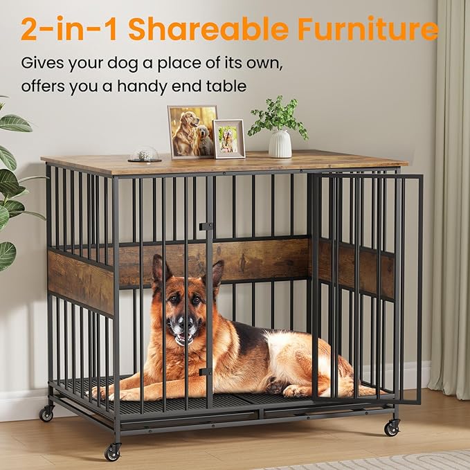 Dog Crate Furniture for Extra Large Dogs, 47 Inch Indoor Kennel, Wooden Pet Cage Decorative Corner End Table with Caster Wheels & Double Removable Tray,Rustic Brown