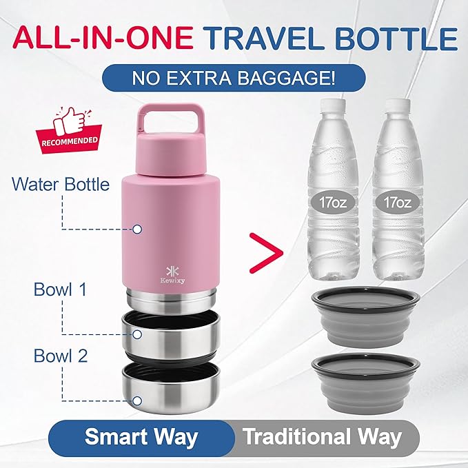 Insulated Dog Travel Water Bottle With Detachable Bowls, 3 In 1 Portable Dog Water Bottle Dispenser, Dog Accessories For Walking, Hiking, Camping, Outdoor (Pink-purple, 32 Oz)