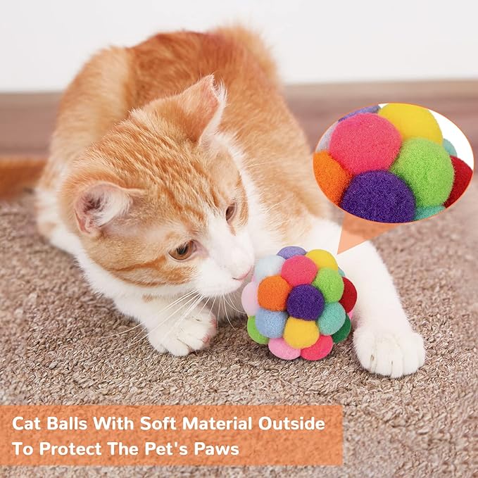 Retro Shaw Cat Toys Balls, 6Pcs Woolen Yarn Cat Ball Toy with Bell Inside, Christmas Kitten Toys for Indoor Cats Kitty, Chew Toys Jingle Pompom Ball with String