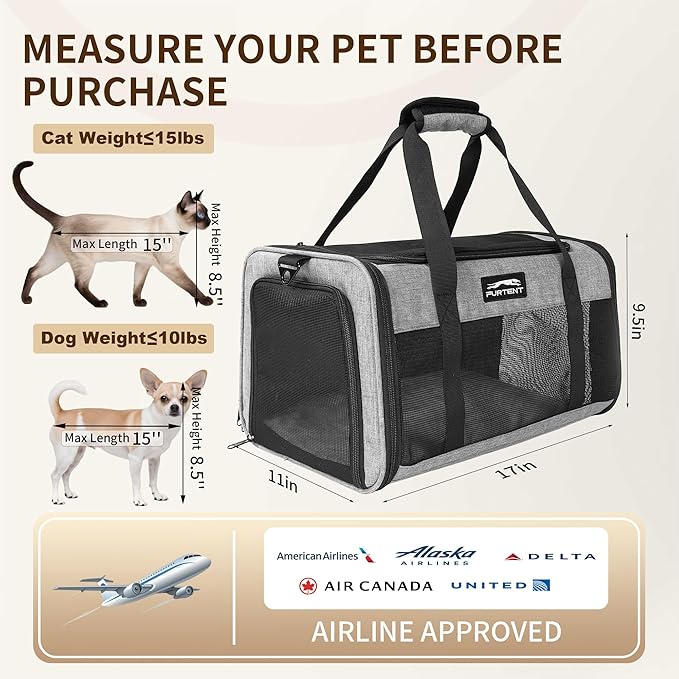 TSA Approved Pet Carrier for Small Cats and Puppies, Soft-Sided and Foldable, Cat and Dog Carrier Fits Pets Up to 15 lbs, Durable Portable Travel Bag with Litter Box, Dark Gray