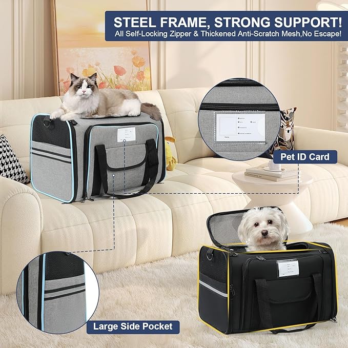 Pet Dog Cat Carrier Soft, Airline Approved Dog Carriers for Small Dogs, Washable Pet Carrier, Large Cat Travel Carriers, Portable TSA Carrier in Cabin, Soft Pet Bag Carrier for Puppy (Grey)
