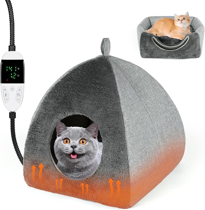 Rypet Heated Cat Bed Cave, Adjustable Temperature Heated Pet Bed Indoor with Timer and Timer, Indoor Cat Cave Bed Cat House with Removable Washable Cushioned Pillow and Chew Resistant Cord Update