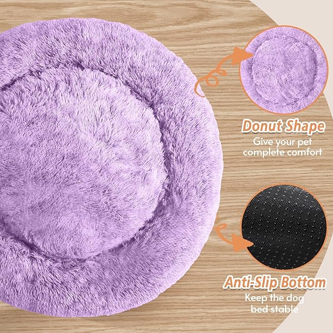 JOLLYVOGUE Small Dog & Cat Beds for Indoor Cats, Donut Cuddler Warming Soft Dog Beds with Anti-Slip Bottom, Round Calming Fluffy Plush Faux Fur Cushion Bed for Medium Dogs (31", Purple)
