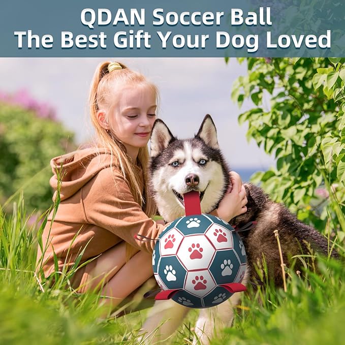 QDAN Extra Large Soccer Ball with Straps, Interactive Dog Toys for Tug of War, Puppy Birthday & Water Toy, Large Dog Balls - Blue & Red (9 Inch)