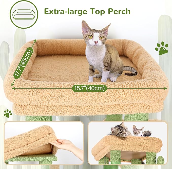 Globlazer Cactus Cat Tower for Indoor Cats, Heavy Duty Cat Trees for Large Cats Adult Big Cats Maine Coon Cat Tree Tower with Scratching Post, Extra Large Top Perch, Cat Condos, F61, Green, 61inch
