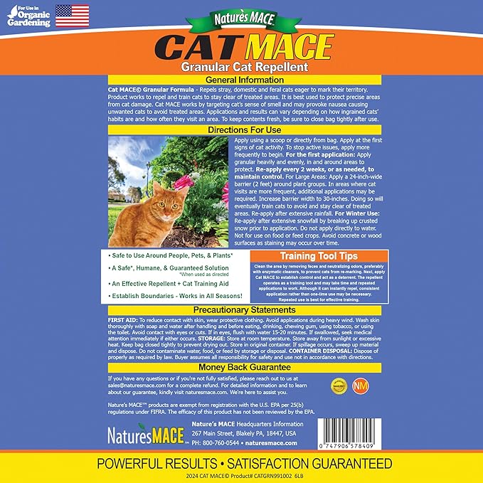 Nature's Mace Cat Mace, Cat Repellent Outdoor Granular, Deterrent, Stop Cats, Keep Cats Away, for Yard, Garden, Anti Cat Pee, No-Dig, Training Tool, 6 lb, Safe to Use Around People, Pets, Plants