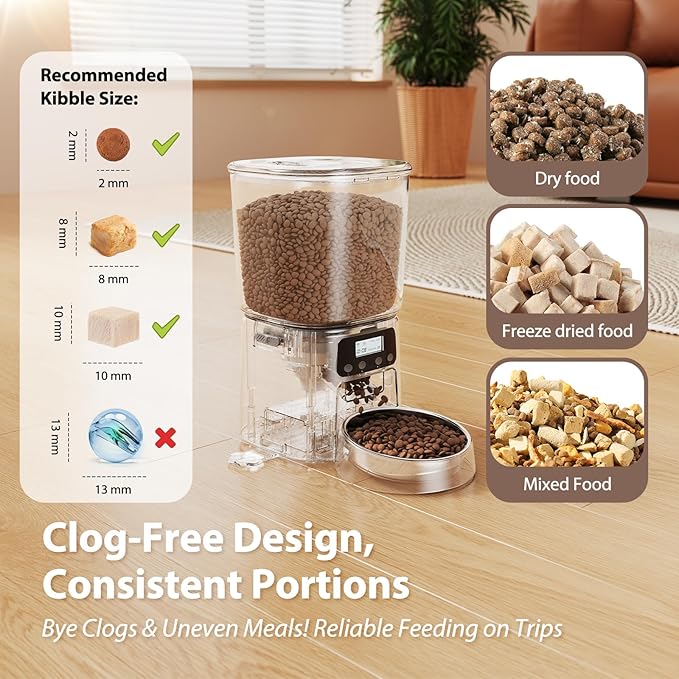 Automatic Cat Feeder,4L Timed Cat Dry Food Dispenser,Pet Feeder up to 6 Meals and 30 Portions per Day,10S Voice Record,Flexible Schedule Timer,Dual Power,Stainless Steel Bowl, for Cats and Small Dogs