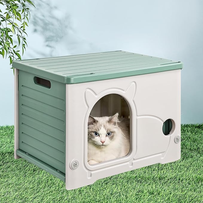 Cat House,Stackable Cat Bed for Pet Cats and Feral Cats Outdoor Indoor Use, Waterproof Cat Shelter with Woven Mat and Cotton Pad for Summer and Winter Use. (Green, M)