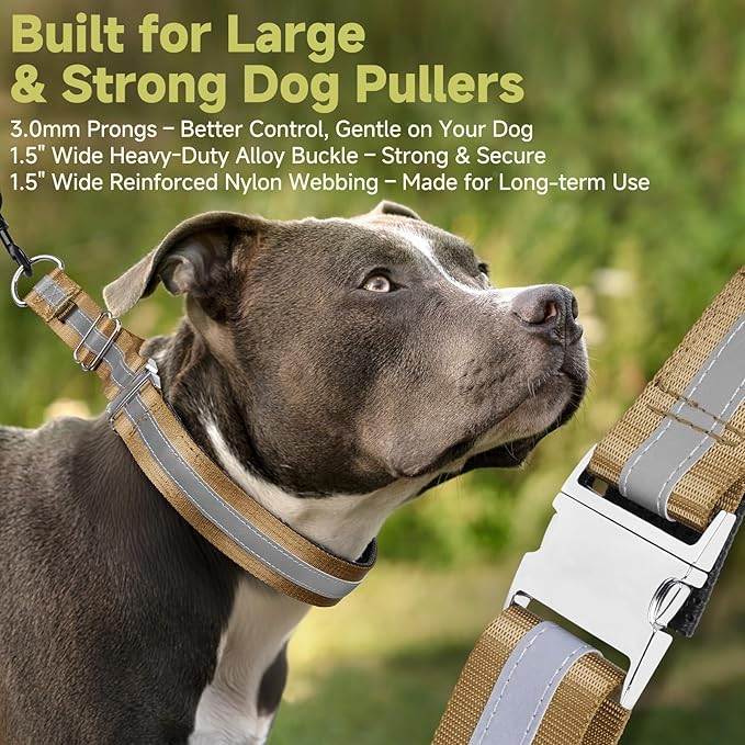 Mayerzon Martingale No Pull Collar for Large Medium Dogs, Patented Dog Walking Training Collar for Pulling, 1.5'' Wide Alloy Buckle, Neoprene Padded, Adjustable, Reflective, Easy to Use(M, Brown)