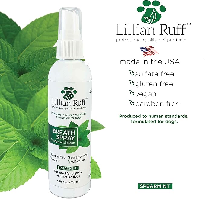 Lillian Ruff Dog Breath Freshener Dental Care Spray - Dog Oral Health Teeth Cleaning Formula Targets Bad Dog Breath, Plaque & Tartar Build-Up, Supports Oral Care, Gum Health & Immune System (4oz)