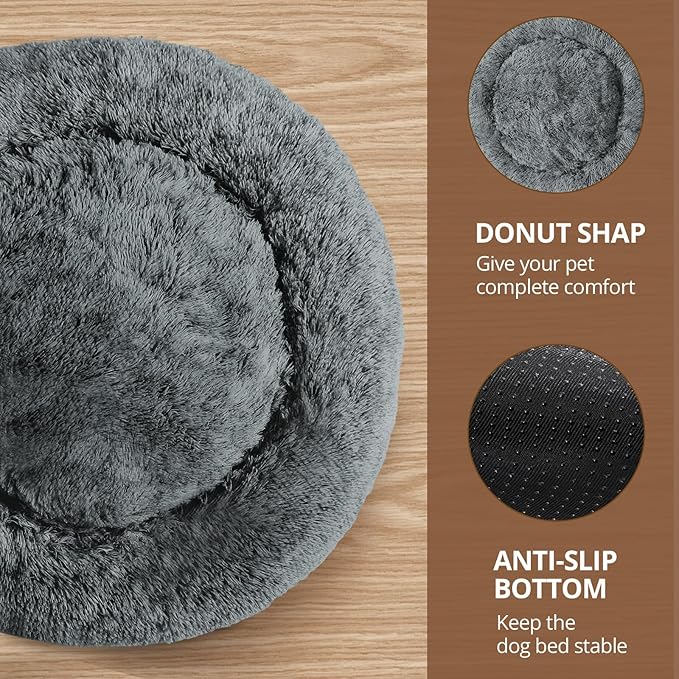 JOLLYVOGUE Calming Dog & Cat Bed for Small Dogs, Anti-Anxiety Donut Cuddler Cozy Soft Round Bed with Anti-Slip Bottom, Fluffy Faux Fur Plush Cushion Beds for Small Medium Dogs (23")