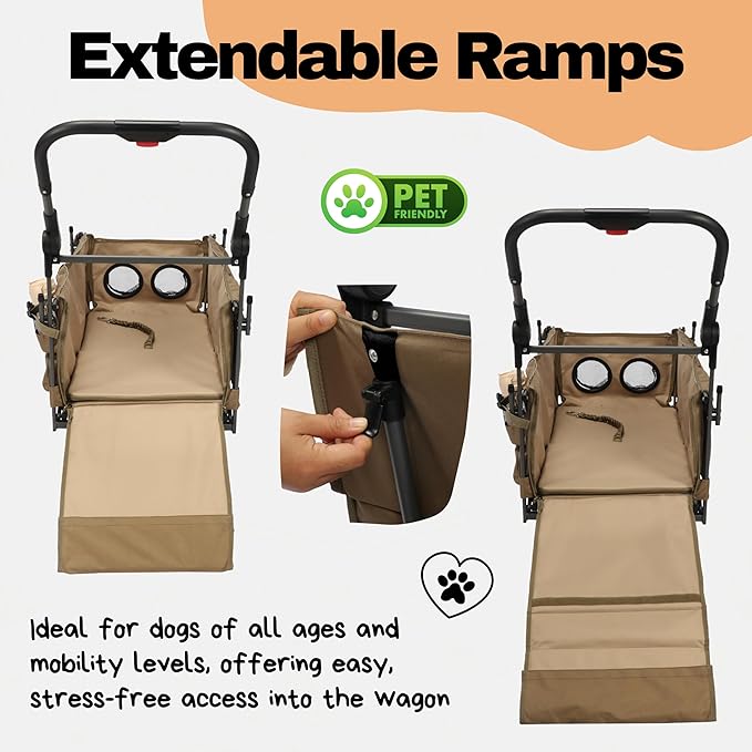 Foldable Pet Wagon Dog Stroller with Removable Fully Zipped Tent, Pet Travel Wagon with Extendable Ramp Built-in Storage Attached Water and Food Station