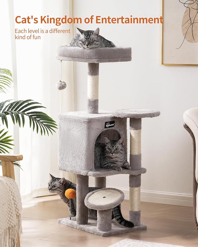 FourFurPets Small Cat Tree, Multi-Level Cat Tree for Indoor Cats, Cat Tower with Scratching Post, Cat Condo for Kittens, 39.4 inch, Light Gray
