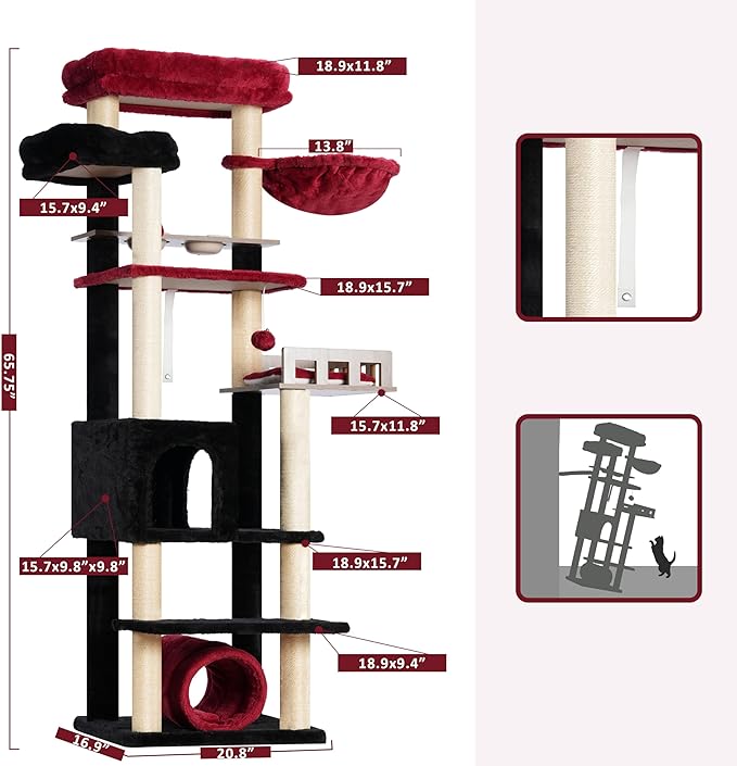 Cat Tree with Tunnel, Cat Tower for Indoor Cats, Tall Gothic Cat Tree Tower with Cat Condo, Food Station, Large Platform, Scratching Posts, Hammock, Black and Red GCT021BR