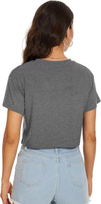 Womens Summer Crop Tops Short Sleeve Round Neck T-Shirts Loose Fit Casual Blouse
