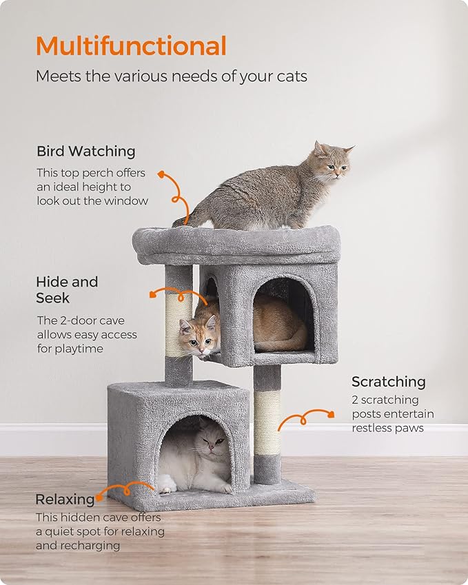 Feandrea Cat Tree, 29.1-Inch Cat Tower, M, Cat Condo for Medium Cats up to 11 lb, Large Cat Perch, 2 Cat Caves, Scratching Post, Light Gray UPCT612W01